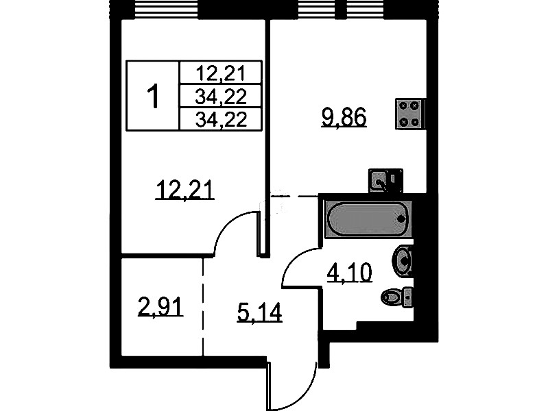 1-комнатная квартира 34.22 м², 14/17 эт., ЖК «Невская Долина»